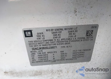 2016 Chevrolet Trax 1Ls z USA, uszkodzony, nr VIN 3GNCJNSB2GL238071